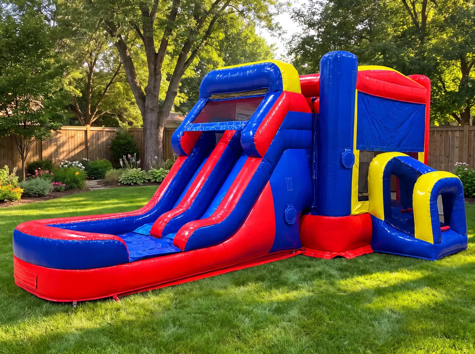 Sparkle Slide/House Combo set up in a grassy backyard: a blue, red and yellow bounce house with a two-lane slide